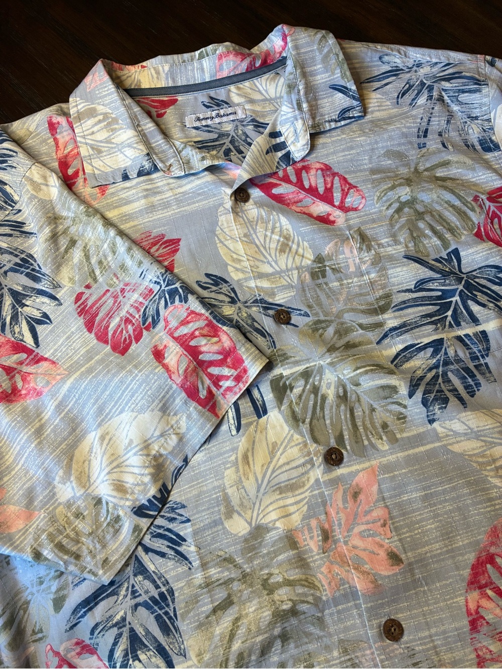 Tommy Bahama Light Blue Short-Sleeve Button-Up with Pink & Navy Leaf Print